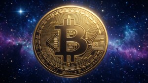 金色比特幣，帶有電路設計，背景是色彩繽紛的星空太空。 — 比特幣 壁紙