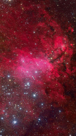 深空中充滿閃爍星星的鮮豔紅色星雲。