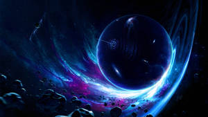 一顆藍色行星被旋轉的宇宙漩渦和漂浮的小行星包圍，在深空中。