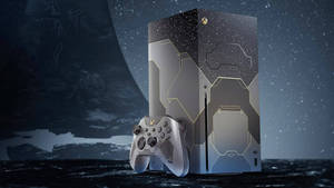 Xbox主機和控制器在外星行星上，星空和大月亮。