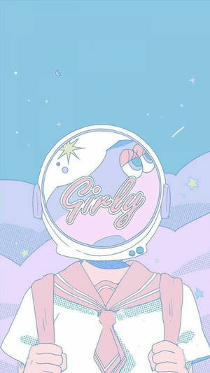 動漫女孩穿著水手服，戴著標有 girly 的太空人頭盔，背景是星空。