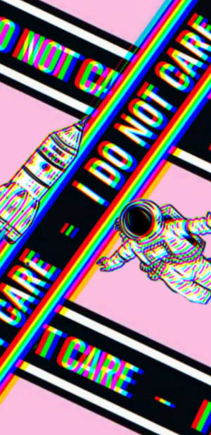 故障的太空人和火箭，火箭上有「I DO NOT CARE」彩虹色文字，背景粉紅色。