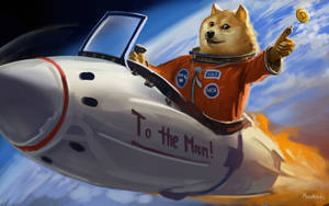柴犬太空人駕駛火箭，帶有「To the Moon」標語和硬幣