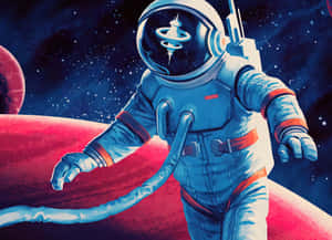 太空人在繁星點點的太空場景中漂浮在紅色行星上方。