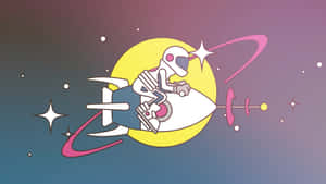 一個卡通太空人駕駛火箭飛船經過星空中的黃色月亮。 — 太空人 壁紙