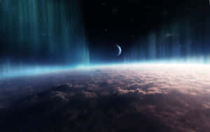 藍色極光在新月和星空下照亮行星的雲層。 — Astroworld GIF 壁紙