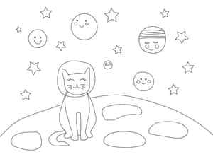 一隻穿著太空衣的貓咪坐在月球上，周圍有微笑的星星和行星。 — 太空人 壁紙
