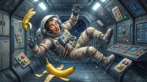 一個驚慌的太空人在太空船內漂浮，附近有香蕉漂浮。