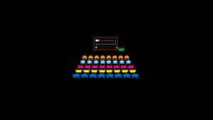像素化 Pac-Man 鬼魂在彩色鬼魂金字塔上方的迷宮中穿梭。