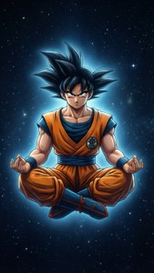 動漫角色在太空中冥想，帶有發光光環和星空背景。 — 悟空 壁紙