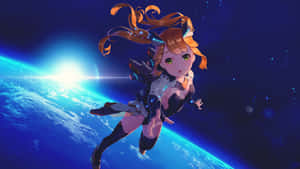 動漫女孩漂浮在太空，靠近一顆發光的藍色行星，周圍有星星。 — 太空 壁紙