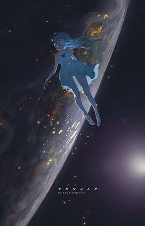 動漫少女漂浮在一個帶有火熱粒子的發光宇宙行星旁邊。 — 太空 壁紙