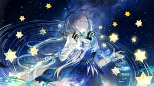 戴著耳機的動漫女孩在宇宙場景中漂浮在閃爍的星星之間。 — 星星 壁紙