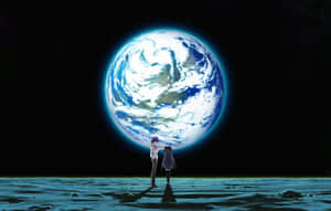 兩個動漫人物在星空下從月球表面仰望地球。 — 月亮 壁紙