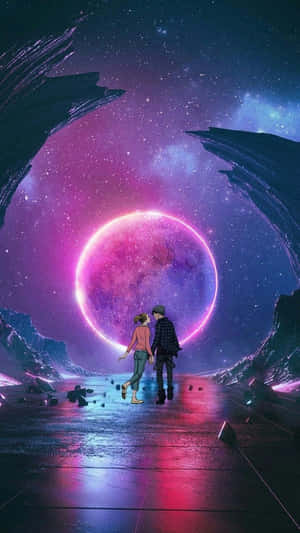 兩個人在宇宙景觀中走向一個發光的星球。 — 銀河 壁紙