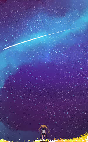 動漫女孩在梯子上觀看流星劃過星空 — 星星 壁紙