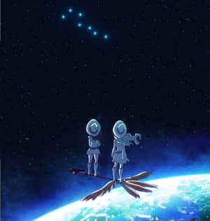 兩個穿著太空衣的動漫角色站在掃帚上，在地球上空觀看星星。 — 動漫女孩 壁紙