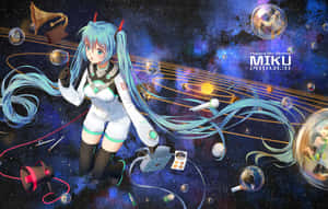 動漫角色 Miku 在太空中，周圍有漂浮的音樂設備和氣泡。 — 星星 壁紙