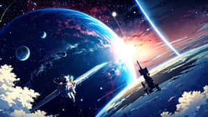 太空人在太空漂流，靠近一顆發光的行星，旁邊有衛星和新月。 — 太空 壁紙