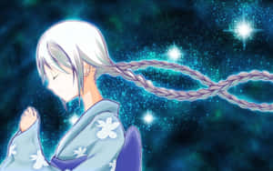 穿著花卉和服的動漫女孩，銀色辮子頭髮，背景是星空宇宙。 — 可愛動漫女仔 壁紙