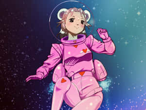 穿著粉紅色太空衣的動畫女孩在星星間漂浮 — 動漫女孩 壁紙
