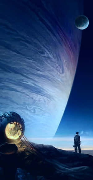 外星行星上的太空人看著巨大的藍色行星和月球 — 太空 壁紙
