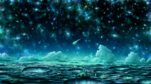 星空下帶有流星和雲層的藍綠色外星景觀。 — 星星 壁紙