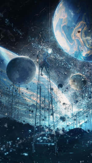 一個人在未來太空站中爬梯子，周圍環繞著行星和星星。 — 太空 壁紙