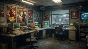 復古遊戲辦公室，配有米色電腦和牆上《Outer Worlds Spider Voice》海報。