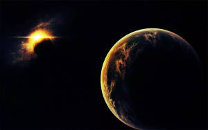 一顆被行星遮蔽的太陽照亮了太空中附近一個類似地球的世界。