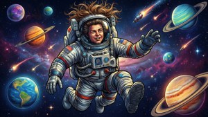 一個卡通太空人在太空中漂浮，被色彩繽紛的行星和流星包圍。 — 瘋狂gif 壁紙