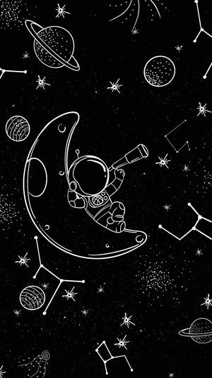 太空人在月球上以極簡線條藝術風格觀察星星和行星。
