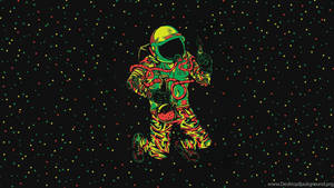 一個穿著迷幻套裝的太空人在星空背景下跳舞。