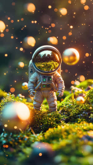 一個著住白色太空衣嘅細小太空人企喺長滿苔蘚嘅地上，發光嘅球體喺森林中漂浮。 — 太空 壁紙