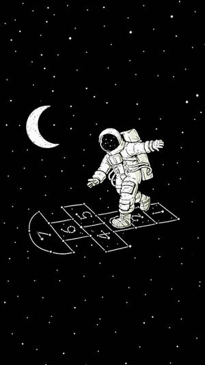 太空人在彎月下的太空玩跳飛機。