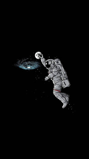 太空人在太空中手持發光球體，靠近藍色星系漩渦。