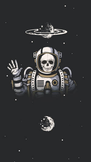 骷髏頭太空人在太空中揮手，有環行星和月亮