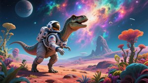 恐龍穿著太空衣在外星行星上，有彩色星雲和奇怪植物