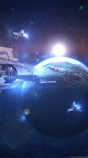 未來太空船在星光熠熠的宇宙場景中靠近一個發光藍色行星飛行。