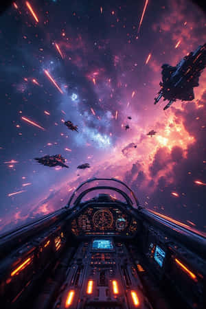 太空船駕駛艙視角，穿越色彩繽紛的宇宙星雲，伴有發光的星星。