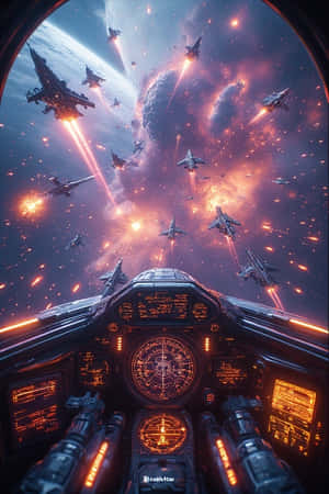 太空船駕駛艙在太空激光戰鬥中，有敵方戰鬥機和一顆發光行星。
