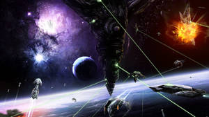 外星戰艦在行星上空的太空戰鬥中發射雷射。
