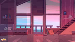 舒適的小屋內部，日落時分呈現粉紅色和紫色色調，並享有水景。