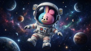 一隻卡通兔仔太空人在色彩繽紛的星雲和行星之間漂浮。
