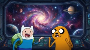 兩個卡通角色對從太空船看到的宇宙景象感到震驚。 — 探險時光 壁紙