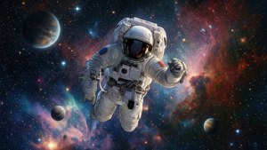 太空人穿過色彩繽紛的星雲，伴隨著行星和星星