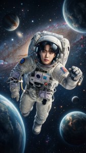 年輕太空人穿著太空衣在行星和星星之間漂浮