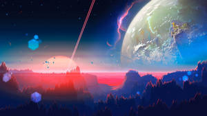 日落時分的外星森林，天空中有一顆巨大行星和發光的六邊形。