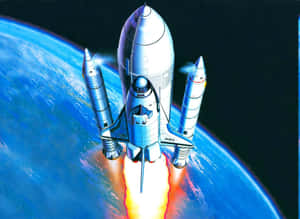 銀色太空穿梭機從地球升空，引擎噴出火焰。 — 太空 壁紙