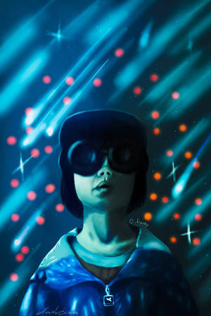 穿著藍色外套和護目鏡的年輕人，仰望發光的宇宙軌跡和紅色球體。 — 太空美學 GIF 壁紙